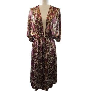 Evereve Kimono Womens Sz M/L Bronze Fuschia Floral Long Dolman Sleeve Boho
